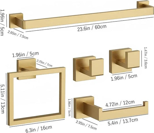 20-Piece Brushed Gold Bathroom Accessories Set – 23.6" Towel Bar, Towel Ring, Toilet Paper Holder & Hooks, Wall Mounted Bathroom Hardware, Rust & Corrosion-Resistant, Ideal for Modern Bathrooms - ModernBath
