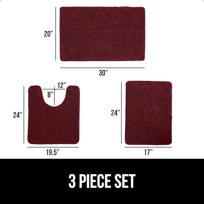 GORILLA GRIP Bathroom Rug Sets 3 Piece, Bath Mat Set and Oval Toilet Base with Rubber Backing, Plush Absorbent Shaggy Chenille Washable Mats, Includes 24x19.5, 24x17 and 30x20 Inch Rugs, Burgundy - ModernBath
