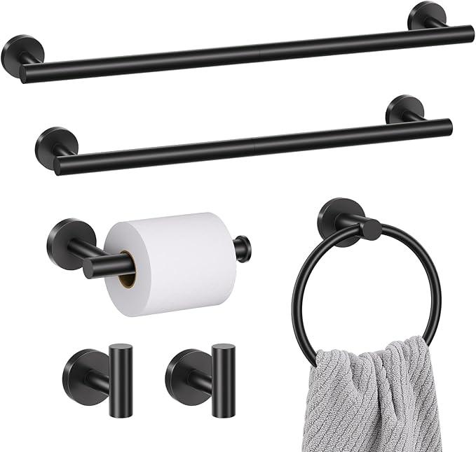 6 Pieces Matte Black Towel Bar Bathroom Hardware Set, 23.6Inch Matte Black Bathroom Accessories Towel Holder Set, SUS304 Stainless Steel Towel Racks for Bathroom - ModernBath
