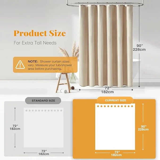 BTTN Extra Long Fabric Shower Curtain - 72 x 90 Inch Linen Textured Heavy Duty Cloth Shower Curtain Set with 12 Plastic Hooks, Large Hotel Luxury Polyester Shower Curtains for Bathroom, Beige/Cream - ModernBath
