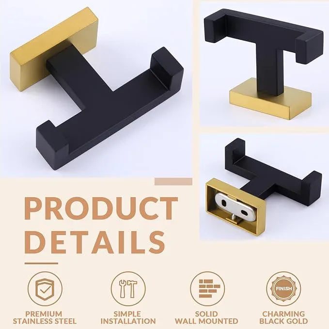 APLusee Double Bath Towel Hook 2 Pack, Solid Stainless Steel Square Dual Coat Holder, Modern Bathroom Kitchen Storage Hanger Wall Mounted, Black & Gold - ModernBath