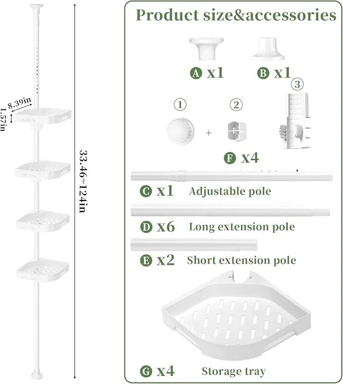 akinbas Tension Pole Shower Caddy Organizer with 4 Tier L-Shaped Rust Resistant Bathroom Corner Shelves with 34-124 Inch Adjustable No Drilling Quick Install Shower Rack for Bath Essentials (White) - ModernBath