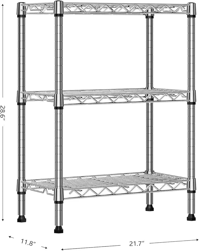 750 lbs 3 Tier Shelf Metal Storage Shelves Wire Rack Closet Organizers with PP Board for Garage Kitchen Bathroom Laundry Chrome 11.8" D x 21.7" W x 28.6" H - ModernBath