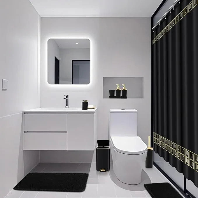 XLHOMO Bathroom Sets with Shower Curtain and Rugs Black Bathroom Accessories Bathroom Set,Soap Dispenser & Toilet Brush Holder Set with Stainless Steel Trash Can - ModernBath