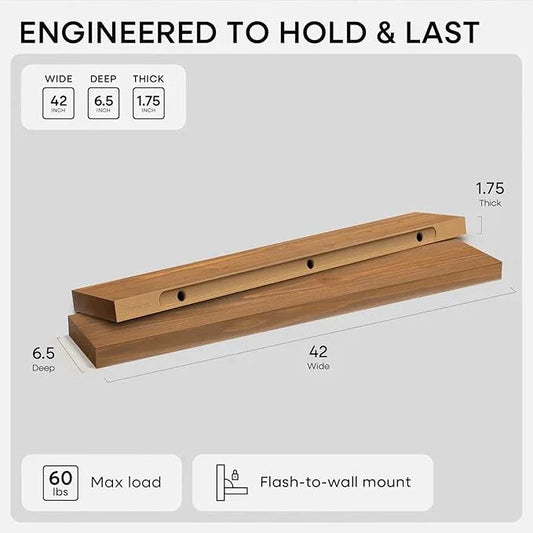 Homeforia 42 inch Golden Oak Floating Shelf, High End Solid Real Wood 42inch Small Floating Shelves for Wall Mounted, Oak Wooden 42in Floating Shelves, Heavy Duty Bracket, 42 X 6.5 X 1.75 in, Set of 3 - ModernBath