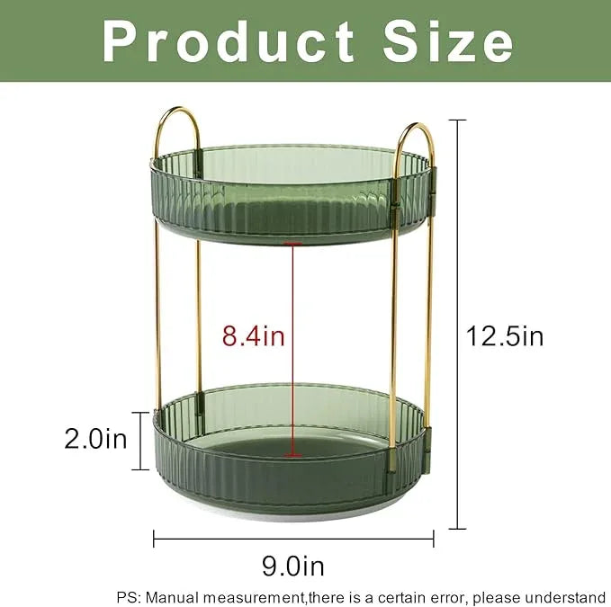 INVSSENE 360° Rotating Makeup Organizer, Bathroom Make Up Spinning Holder Rack, Large Capacity Cosmetics Storage Vanity Shelf Countertop, Fits Cosmetics, Perfume, Skincare, Lipsticks(2 Tiers, Green) - ModernBath