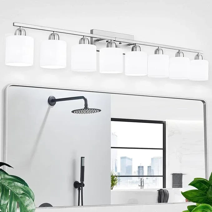 Brushed Nickel Light Fixture Bathroom for Huge Mirror, 8 Light Mirror Lights with Milky White Frosted Glass Shades, 51 inch Bathroom Mirror Lights for Mirrorss, E26 Socket - ModernBath