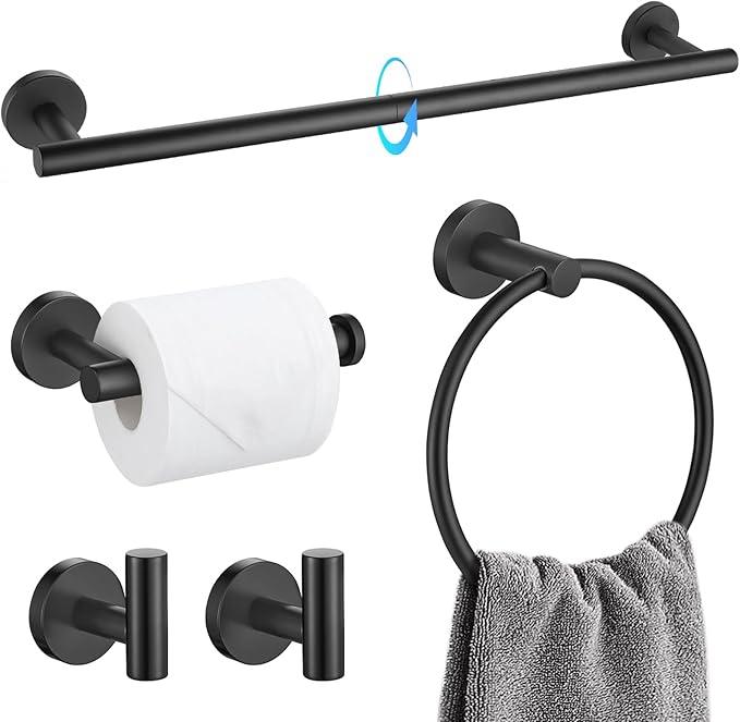 TQKAG Matte Black Bathroom Hardware Set 5 Pieces, SUS304 Stainless Steel Towel Bar Set Round Bathroom Towel Rack Set Wall Mounted - ModernBath