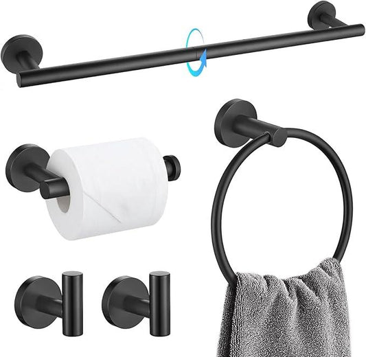 TQKAG Matte Black Bathroom Hardware Set 5 Pieces, SUS304 Stainless Steel Towel Bar Set Round Bathroom Towel Rack Set Wall Mounted - ModernBath