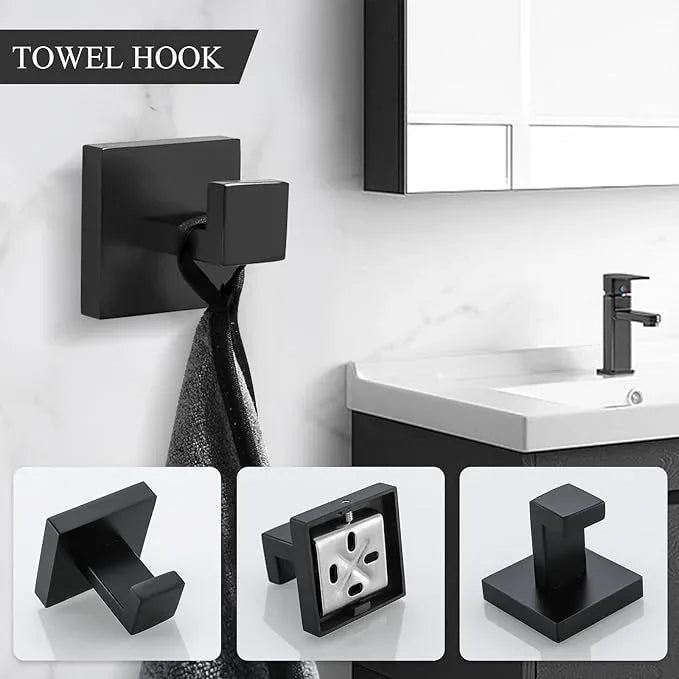 TURS 4-Piece Bathroom Hardware Set Black Towel Bar Set Stainless Steel Towel Bar Hand Towel Holder Toilet Paper Holder Towel Hooks Wall Mount - ModernBath