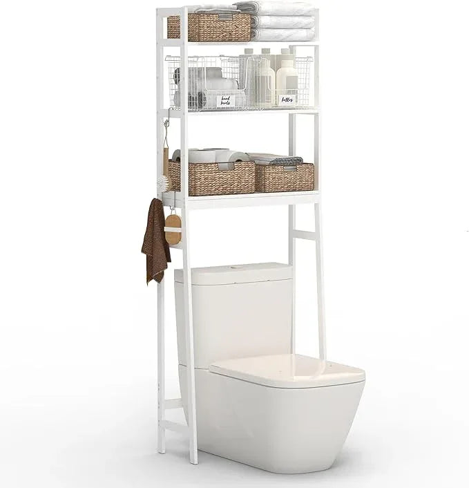 BAMBANG Over The Toilet Storage Rack, 3-Tier Over The Toilet Storage Shelf with 3 Hooks, Freestanding Above Toilet Bathroom Organizer Shelves for Space Saver Storage, Bamboo White - ModernBath