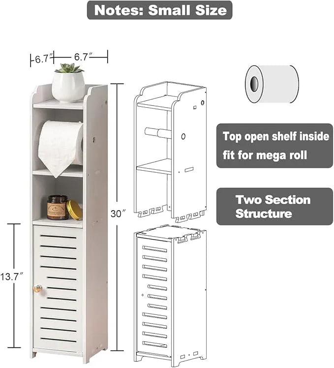 AOJEZOR Toilet Paper Holder Stand: No Drill PVC Small Bathroom Cabinet for Apartment Dwellers - Rental Deposit Protection - Small Space Storage Saving - ModernBath