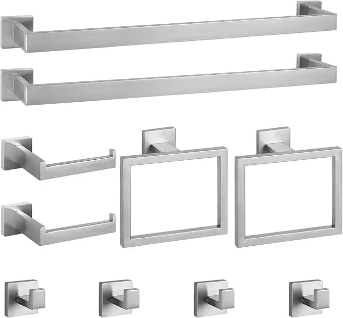 Cilee 10-Pieces Bathroom Hardware Set - Brushed Nickel Bathroom Accessories, 24 Inch Towel Bar, Square Towel Ring, Toilet Paper Holder, Towel Hook, Wall-Mounted Stainless Steel Towel Bar Rack Set - ModernBath