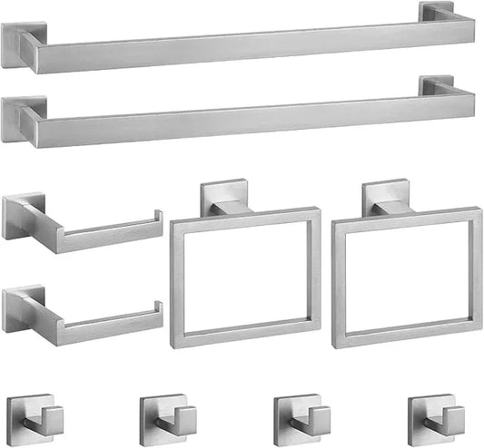 Cilee 10-Pieces Bathroom Hardware Set - Brushed Nickel Bathroom Accessories, 24 Inch Towel Bar, Square Towel Ring, Toilet Paper Holder, Towel Hook, Wall-Mounted Stainless Steel Towel Bar Rack Set - ModernBath