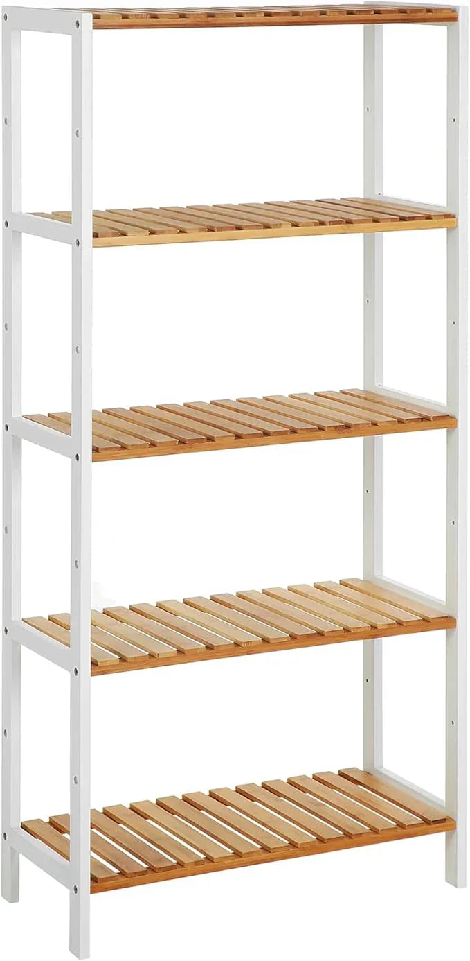 SONGMICS Bamboo Storage Shelf, 5-Tier Shelving Unit, Multifunctional, in The Entryway, Bathroom, Living Room, Balcony, Kitchen, 10.2 x 23.6 x 51.2 Inches, Cloud White and Light Bamboo UBCB35WN - ModernBath