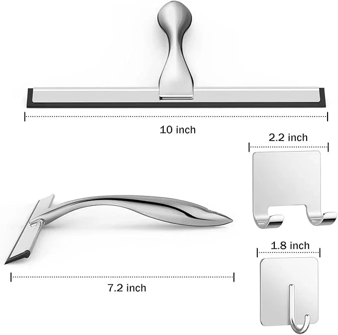 All-Purpose Stainless Steel Shower Squeegee for Shower Glass Door with 2 Adhesive Hooks, Bathroom Cleaner Tool Household Window Mirror Squeegee , Cleaning Tile Wall, Car, 10 Inch Silver - ModernBath