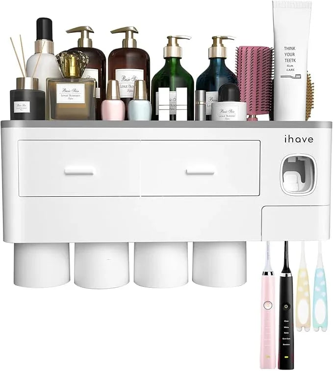 iHave Toothbrush Holders for Bathrooms, 4 Cups Toothbrush Holder Wall Mounted with Toothpaste Dispenser - Large Capacity Tray, 2 Cosmetic Drawer - Bathroom Organizer & Bathroom Accessories Set - ModernBath