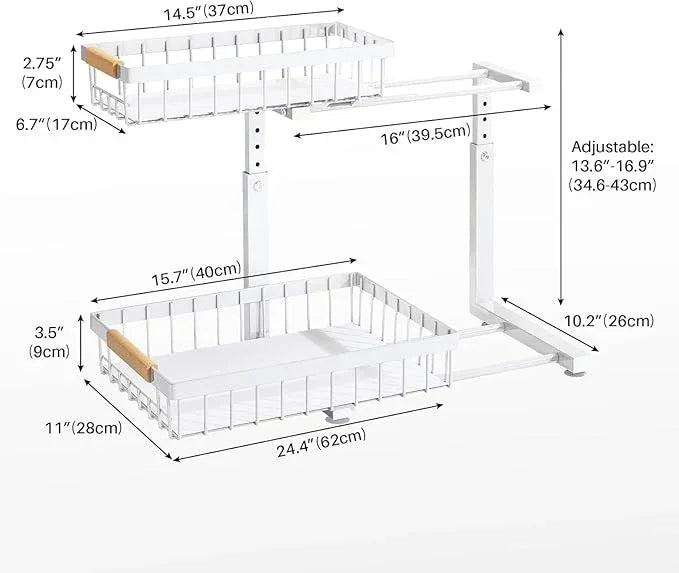 PXRACK 1 Pack Under Sink Organizer,Adjustable Height,2 Tier Pull Out Under Cabinet Organizer,Slide Out Thickened Metal Under Sink Storage for Kitchen Bathroom Laundry Cabinet Pantry,White(L) - ModernBath