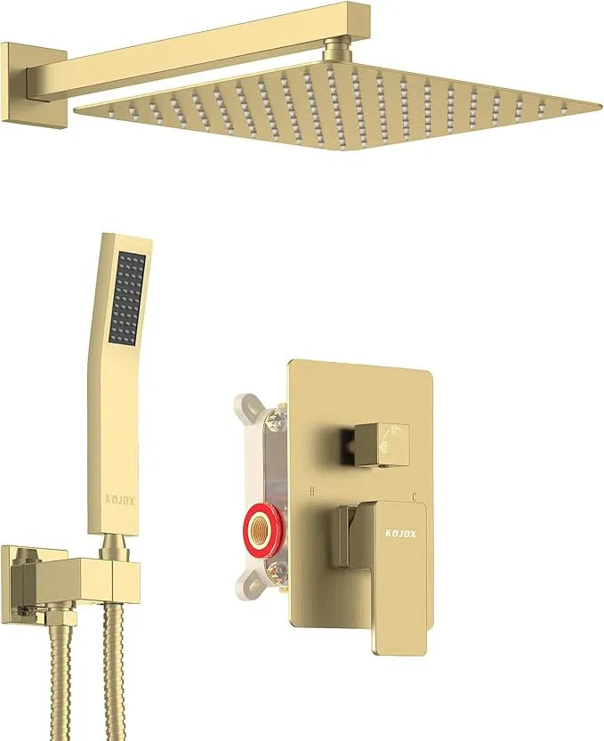 KOJOX Shower System Bathroom Luxury 10 Inch Rain Shower Head with Handheld Mixer Shower Combo Set Wall Mounted Shower Faucet Trim with Valve Brush Gold - ModernBath