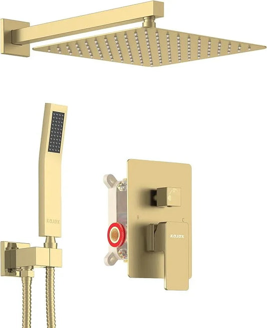 KOJOX Shower System Bathroom Luxury 10 Inch Rain Shower Head with Handheld Mixer Shower Combo Set Wall Mounted Shower Faucet Trim with Valve Brush Gold - ModernBath