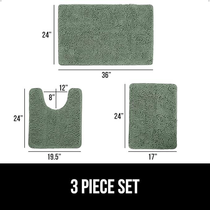 GORILLA GRIP Bathroom Rug Sets 3 Piece, Bath Mat Set and Oval Toilet Base with Rubber Backing, Plush Absorbent Shaggy Chenille Washable Mats, Includes 24x19.5, 24x17 and 36x24 Inch Rugs, Sage - ModernBath