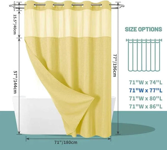 eachope Yellow No Hook Waffle Weave Shower Curtain with snap-in Liner Replacement, 230GSM Waterproof Fabric Hotel Shower Curtain Set for Bathroom, Through Mesh Top Window,71Wx77H - ModernBath