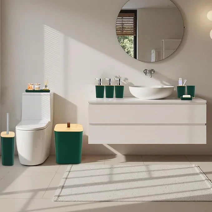 XLHOMO Dark Green Bathroom Accessories, Green Bathroom Accessories Set with Trash Can, Soap Dispenser, Toothbrush Holder, Toothbrush Cup, Soap Dish, Toilet Brush, Tray and Q-tip Holders - ModernBath