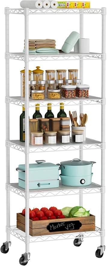 Small 6 Tier Shelf Storage Wire Shelving Unit Metal Shelves Adjustable Organizers Storage Shelving with Wheels for Bathroom Laundry Room Kitchen Pantry12”D x 18”W x 61.6”H White - ModernBath