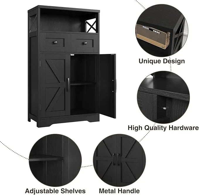 Black Farmhouse Kitchen Pantry Cabinet With Doors and Shelves, Coffee Bar Storage, Freestanding Floor Hutch Cupboard for Kitchen, Laundry, Living Room - ModernBath