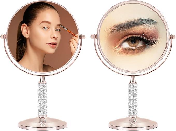 7"Rose Gold Glitter Diamond Rhinestone Makeup Mirror,360°Rotate Round Tabletop Vanity Mirror Double Sided 1X/10X HD Undistorted Magnifying Mirror,Portable Vanity Women Gift (No Lamp Rose Gold) - ModernBath