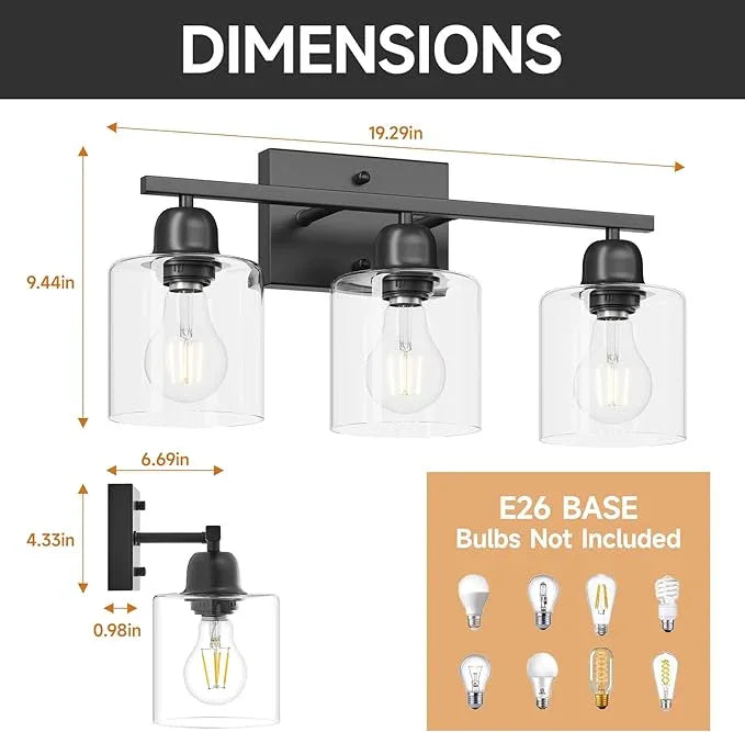 Modern 3 Light Bathroom Light Fixtures, 19 inch Black Vanity Lights For Bathroom With Clear Glass, Bathroom Lighting Fixtures Over Mirror For Mirror Kitchen Living Room Hallway Cabinet Porch - ModernBath