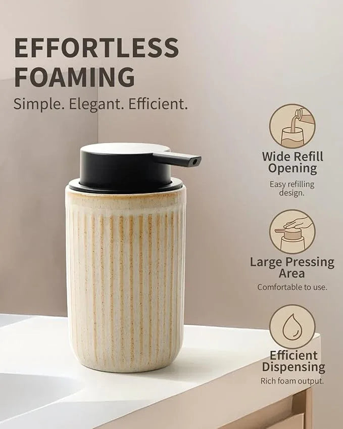 BosilunLife Foam Hand Soap Dispenser - Ceramic Foaming Soap Dispenser for Bathroom 12oz Refillable Liquid Lotion Soap Dispenser with Rust-Proof Foaming Pump for Countertop, Greige - ModernBath