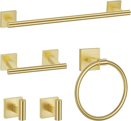 TURS Brushed Gold 5 Piece Bathroom Hardware Accessories Set, SUS304 Stainless Steel Bath Towel Bar Set, 24 Inch Round Bathroom Towel Holder Set Wall Mounted - ModernBath