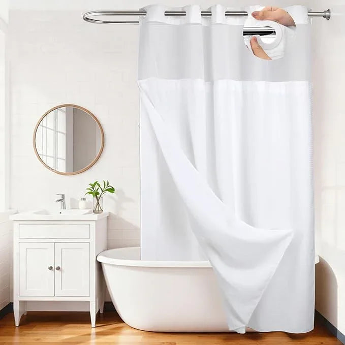 River Dream Heavyweight No Hooks Required Dotted Waffle Weave Shower Curtain with Snap in Liner - 71W x 98H,Hotel Grade,Spa Like Bath Curtain,White - ModernBath