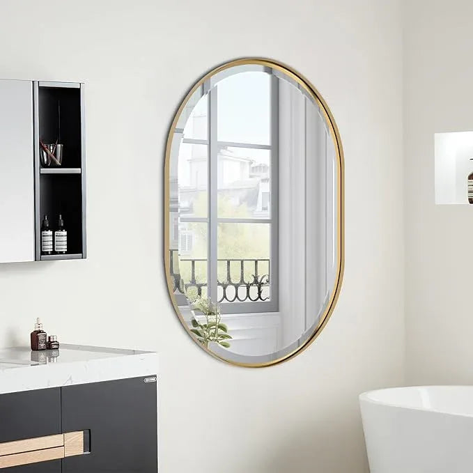 POZINO Oval Mirror Over Sink, Brushed Gold Beveled Mirror, 24"x36" Bathroom Vanity Mirrors with Stainless Steel Frame, Brass Oblong Wall Mirrors for Bedroom Living Room, Hangs Horizontal Or Vertical - ModernBath