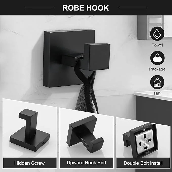 TQKAG 6-Piece Bathroom Towel Bar Sets Matte Black 23.6 inch Towel Bar Stainless Steel Towel Ring Coat Hook and Toilet Paper Holder Bathroom Hardware Set Wall Mounted Bathroom Accessories Kit - ModernBath