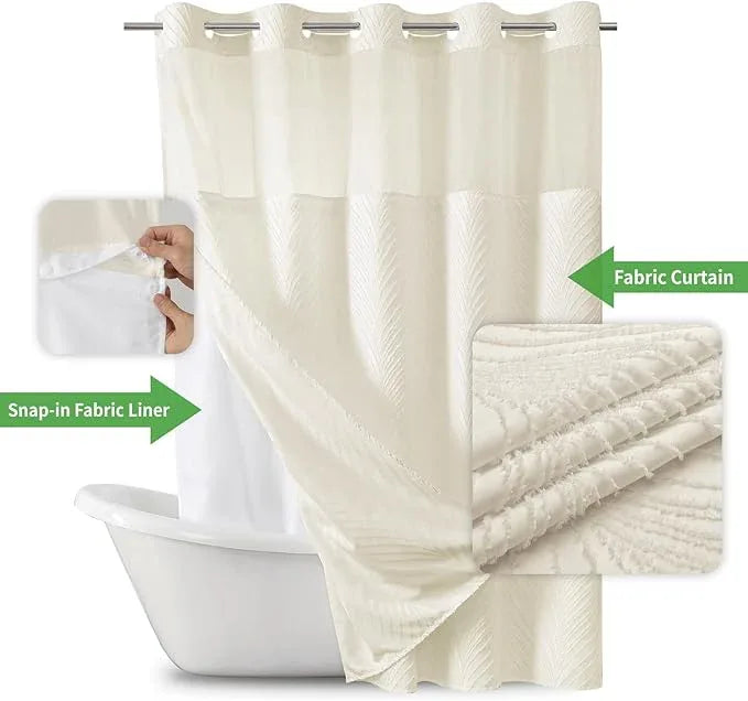 eachope no Hook Shower Curtain and Liner Set，Boho Style with See Through Top Window, Cream Fabric Tufted Striped Textured Outer Curtain & Waterproof Inner Liner, Beige/Cream, 71Wx98H - ModernBath