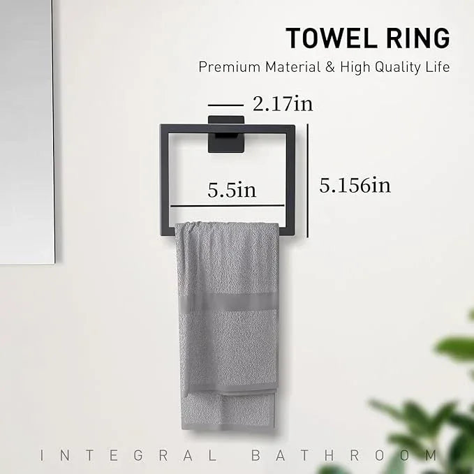 Bathroom Accessory Towel Bar Set: 5 Pieces Matte Black Square Bathroom Hardware SUS304 Stainless Steel - 24 Inch Wall Mounted Towel Rack&Toilet Paper Holder&Towel Ring and Towel Hook - ModernBath