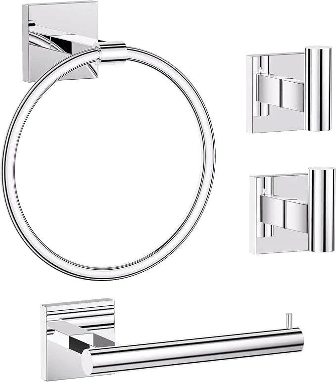 Towel Ring Set 4 Piece Bathroom Hardware Set Includes Towel Ring 2 Towel Hooks and Toilet Paper Holder Stainless Steel Wall Mounted (Polished Chrome) - ModernBath