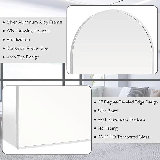 Minuover 24" x 32" Silver Arched Mirror, Arch Wall Mirror, Metal Frame Black Bathroom Mirror, Arched Top Bathroom Vanity Mirror for Living Room, Bedroom, Entryway, Tempered Glass, Shatter Proof - ModernBath