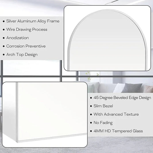 Minuover 28" x 36" Silver Arched Mirror, Large Arch Bathroom Vanity Mirror, Modern Aluminum Alloy Metal Frame Arch Mirror for Living Room, Bedroom, Entryway, Tempered Glass, Shatter Proof, Anti-Rust - ModernBath
