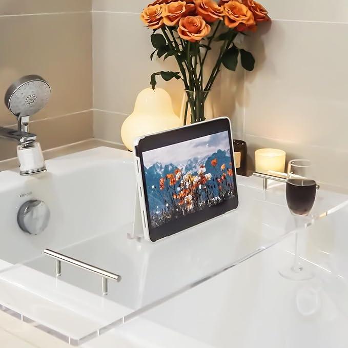 Ezcasch Acrylic Bathtub Tray Bathtub Tray Caddy Bath Tray Table for Tub Luxury Spa with Book and Wine Glass Holder Bathroom Accessories for Decorative Bathtubs, Transparent 31.5inch - ModernBath