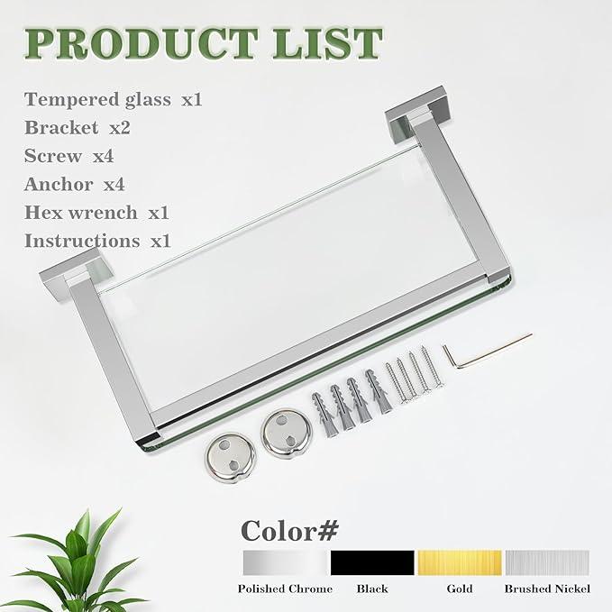 Alise Glass Shelves for Bathroom Wall, Tempered Glass Bathroom Shelf Wall Mounted, Modern Space Saving Floating Shelves 12 inch, Polished Chrome - ModernBath