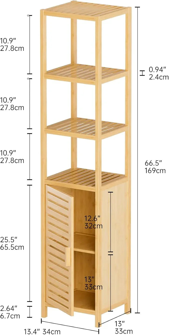 HITNET Bathroom Floor Cabinet, 6 Tier Tall Thin Linen Tower Storage Cabinet Free Standing Bamboo, Kitchen Side Organizer with 3 Shelves and Cupboard, Natural - ModernBath