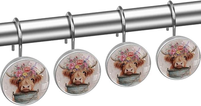 12 Packs Highland Cattle with Florals Decorative Shower Curtain Hooks, Stainless Steel Glass Shower Curtain Rings for Bathroom, Rustproof Metal Curtain Rod Hooks - ModernBath