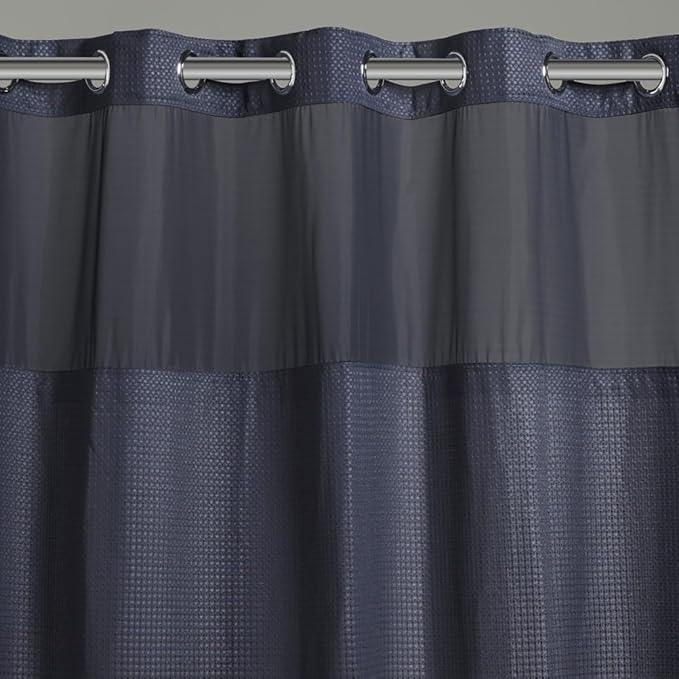 Hookless It’s A Snap! Waffle Shower Curtain, 3-in-1 Shower Curtain Includes Fabric Shower Curtain with Sheer Top Window, Flex-On Rings & Fabric Liner, 71” x 74”, Navy - ModernBath