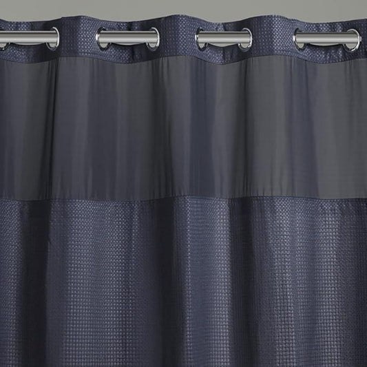 Hookless It’s A Snap! Waffle Shower Curtain, 3-in-1 Shower Curtain Includes Fabric Shower Curtain with Sheer Top Window, Flex-On Rings & Fabric Liner, 71” x 74”, Navy - ModernBath