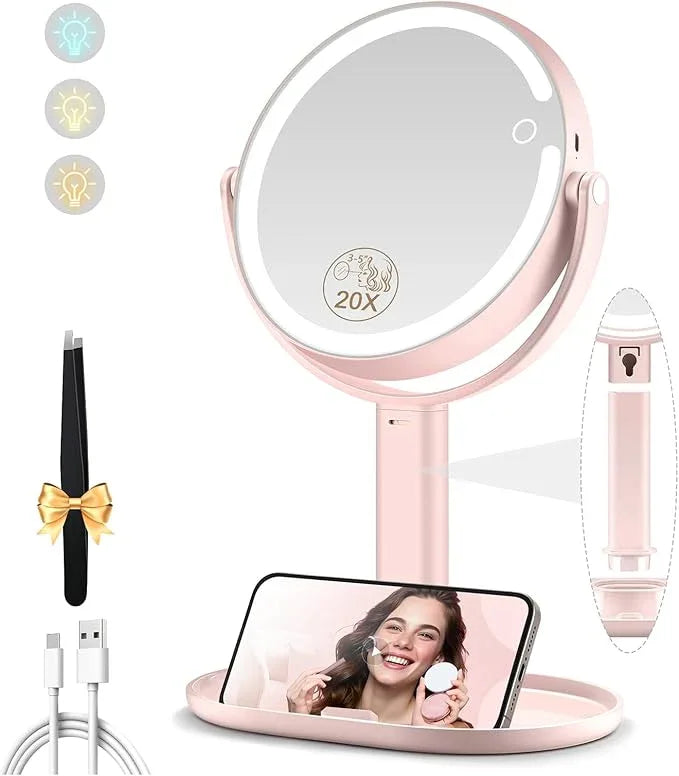 MOMOKUBA Makeup Mirror with Lights, Double Sided 1x/20x Magnifying Mirror with Light, Rechargeable 3 Color Lights and Adjustable Brightness, 360° Rotation Detachable Comes with Tweezer(Pink) - ModernBath
