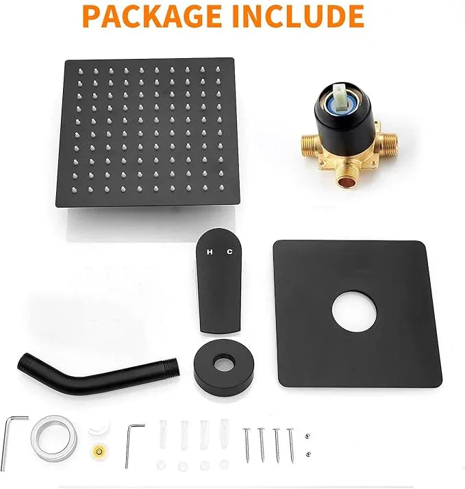 Black Shower Faucet Single Function Trim Kit with Rough-in Valve Set Bath Rainfall Shower System 8inch Square Stainless Steel Metal Shower Head - ModernBath