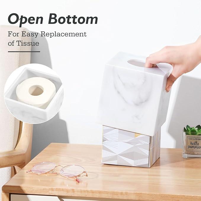 Luxspire Resin Paper Tissue Box Cover Holder, Square Facial Tissue Case, Pumping Paper Roll Toilet Paper Holder Napkin Dispenser for Office Bedroom Car Bathroom Vanity Accessories Decor, Marble White - ModernBath